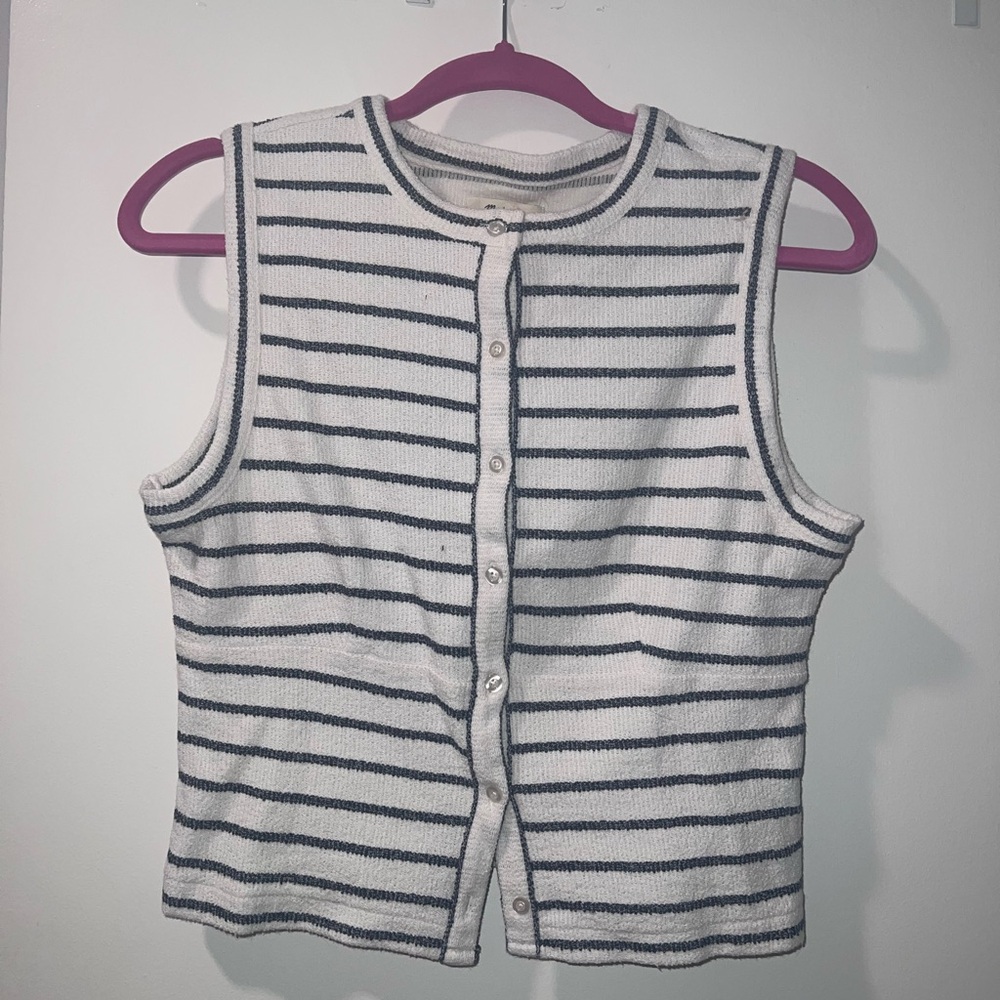 Madewell White/Navy Striped Button Down Sleeveless Top